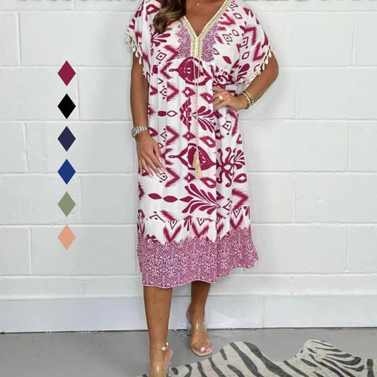 Dames Midi Jurk met Print in diverse kleuren – Losvallende Zomerjurk met V-hals en Taillekoord