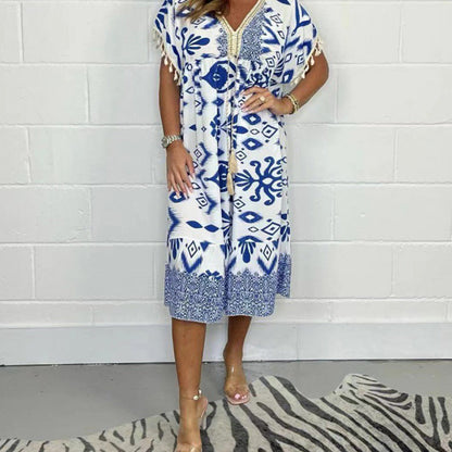 Dames Midi Jurk met Print in diverse kleuren – Losvallende Zomerjurk met V-hals en Taillekoord