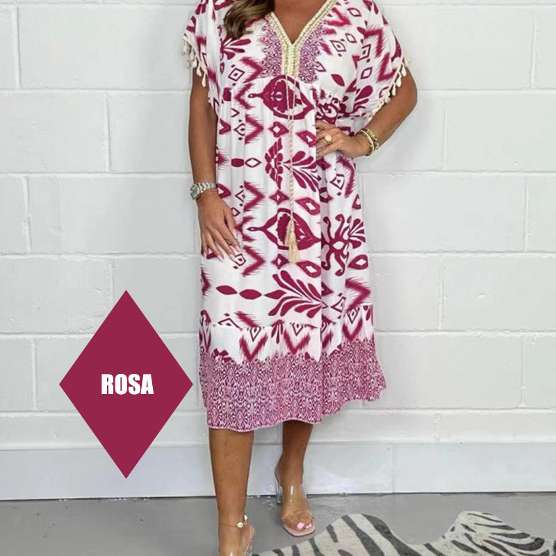 Dames Midi Jurk met Print in diverse kleuren – Losvallende Zomerjurk met V-hals en Taillekoord
