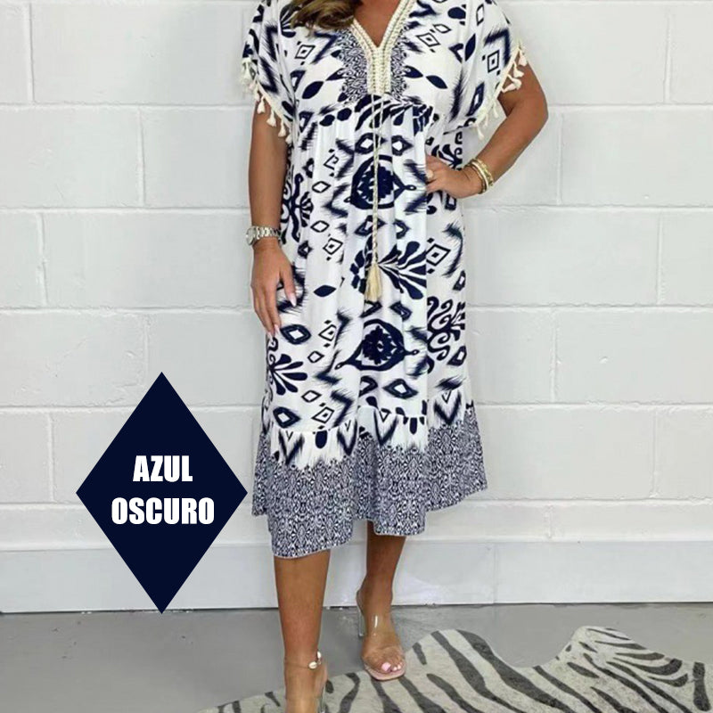 Dames Midi Jurk met Print in diverse kleuren – Losvallende Zomerjurk met V-hals en Taillekoord