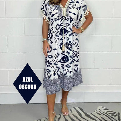 Dames Midi Jurk met Print in diverse kleuren – Losvallende Zomerjurk met V-hals en Taillekoord