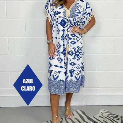 Dames Midi Jurk met Print in diverse kleuren – Losvallende Zomerjurk met V-hals en Taillekoord