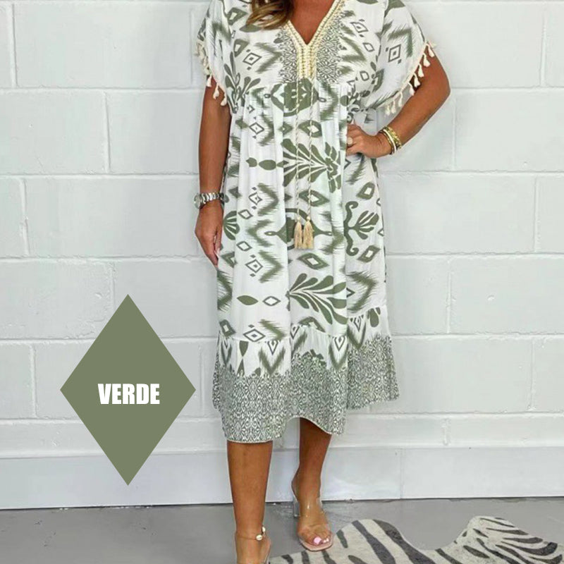 Dames Midi Jurk met Print in diverse kleuren – Losvallende Zomerjurk met V-hals en Taillekoord