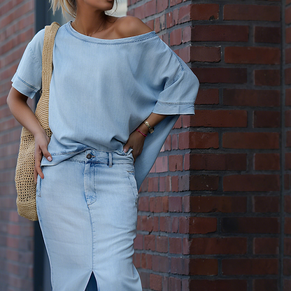 Dames set met off-shoulder top en lange splitrok in lichtblauw denimlook