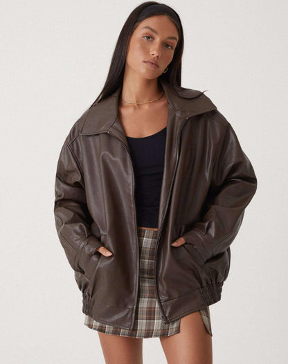 Dames oversized leren jas met brede kraag en elastische boorden in diverse kleuren – stoer & stijlvol gecombineerd